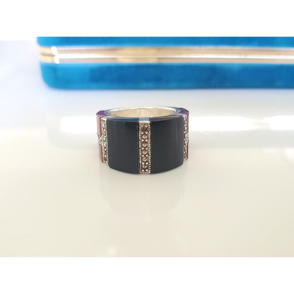 Vintage Onyx Carnelian and Marcasite Sterling Silver Wide Ring Band - Picture 1 of 9